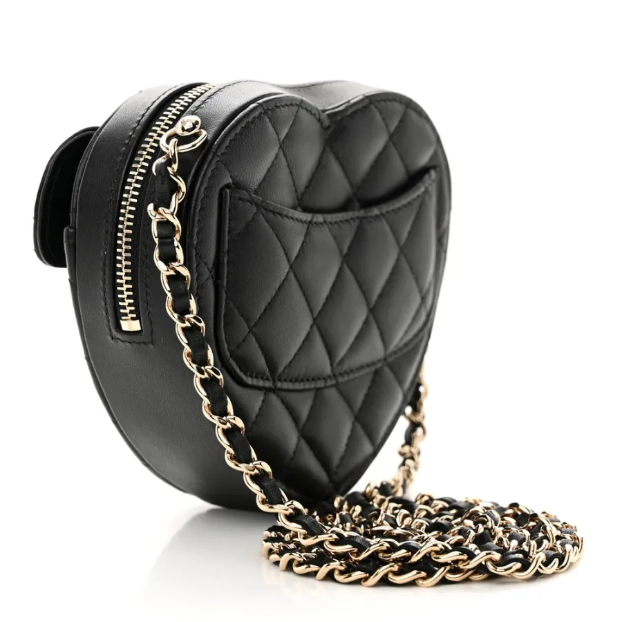 Chanel CC In Love Heart Clutch With Chain Small Black Quilted Lambskin Leather Light Gold Hardware
