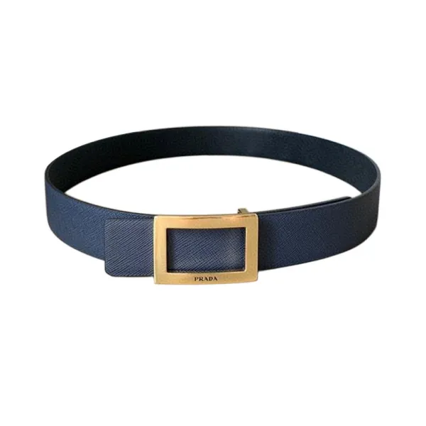 Prada Men' s Square Buckle Reversible Belt In Black/Blue/White Saffiano Calfskin With Gold/Silver Hardware 34mm - Image 3