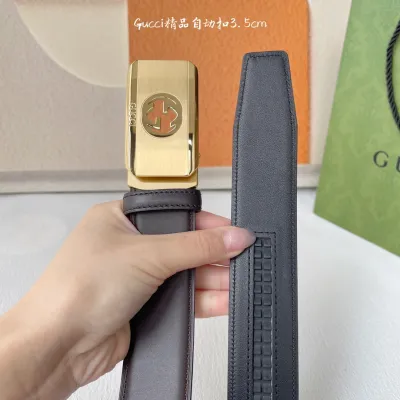 Gucci Men' s Rectangled Buckle Belt In Black/Brown Calfskin With Gold/Silver Hardware 35mm