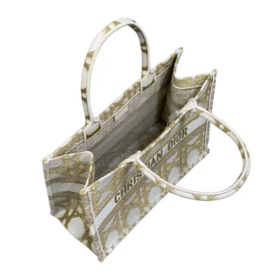 Dior Medium Dior Book Tote Gold-Tone and White Macrocannage Embroidered Canvas