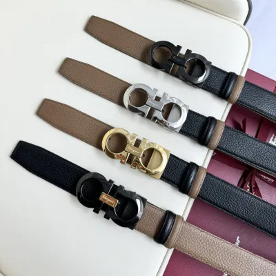 Ferragamo Men's Double Gancini Buckle Reversible Belt In Black/Brown Grained Calfskin With Gold/Silver/Black Hardware 35mm