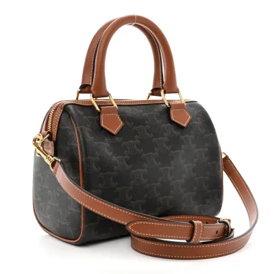 Celine Small Boston Bag Tan Triomphe Canvas & Calfskin Leather