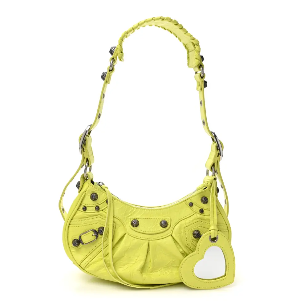 Balenciaga XS Le Cagole Bolsa de Ombro Lime Agneau Arena Couro Hardware Prateado