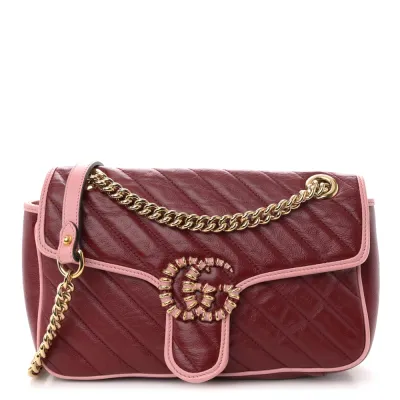 Gucci Small Diagonal Torchon GG Marmont Shoulder Bag New Cherry Red / Wild Rose Azalea Enamel Calfskin Matelassé Leather Gold Hardware