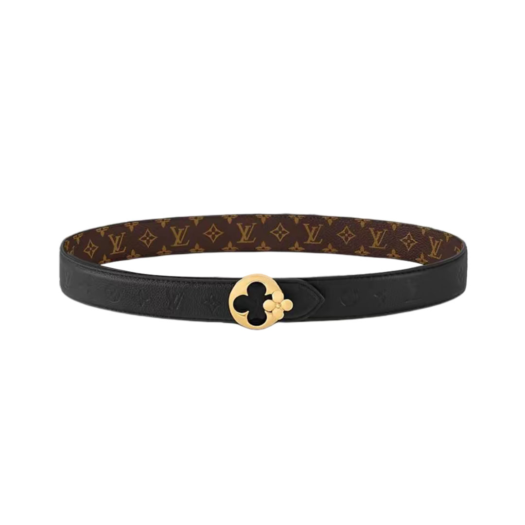 Louis Vuitton Cinto Reversível Feminino Flowergram com Fivela Redonda em Couro Bezerro Preto/Branco/Marrom e Canvas Monograma com Acabamento Dourado 30mm