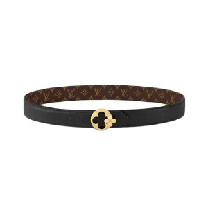 Louis Vuitton Women's Flowergram Round Buckle Reversible Belt In Black/White/Brown Calfskin And Monogram Canvas With Gold Hardware 30mm