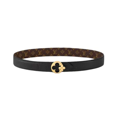 Louis Vuitton Women's Flowergram Round Buckle Reversible Belt In Black/White/Brown Calfskin And Monogram Canvas With Gold Hardware 30mm