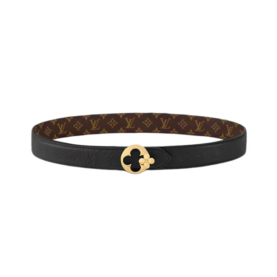 Louis Vuitton Women's Flowergram Round Buckle Reversible Belt In Black/White/Brown Calfskin And Monogram Canvas With Gold Hardware 30mm