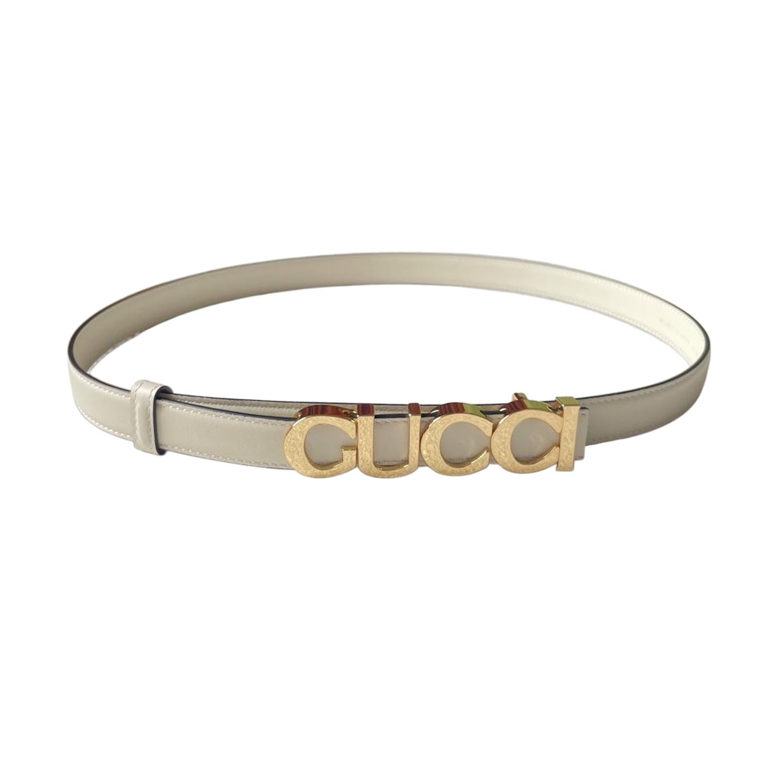 Gucci Cinto de Fivela para Mulheres em Pele de Bezerro Lisa Branco/Preto com Ferragens Douradas/Prateadas 20mm