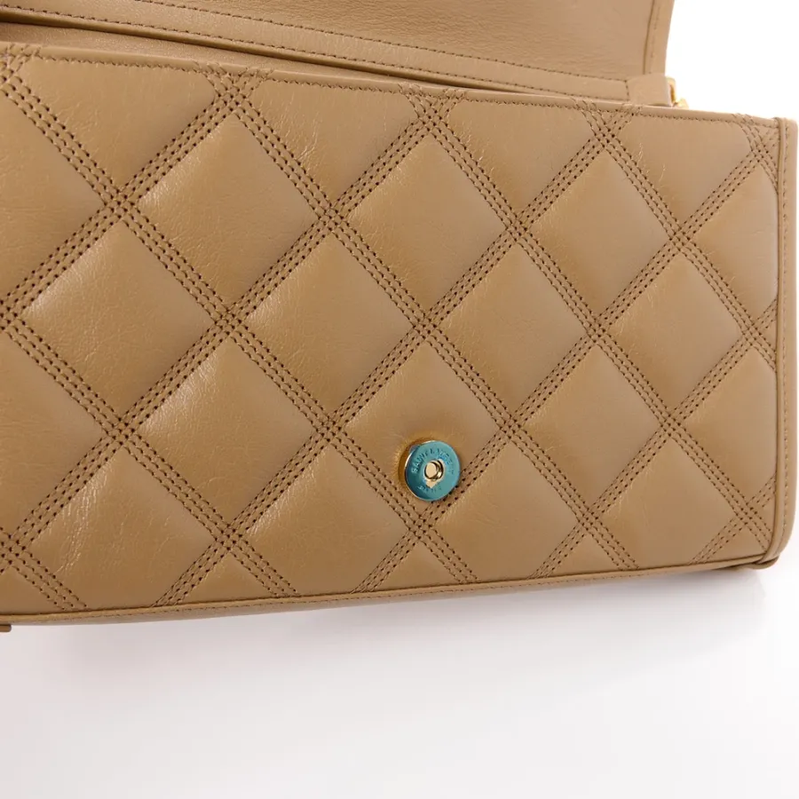 Saint Laurent Medium Becky Chain Wallet Natural Tan Diamond Quilted Lambskin Leather Gold Hardware