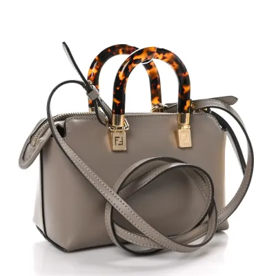 Fendi Mini Logo Embossed By The Way Top Handle Boston Bag Dark Grey King Vitello Leather & Plexiglass Gold Hardware