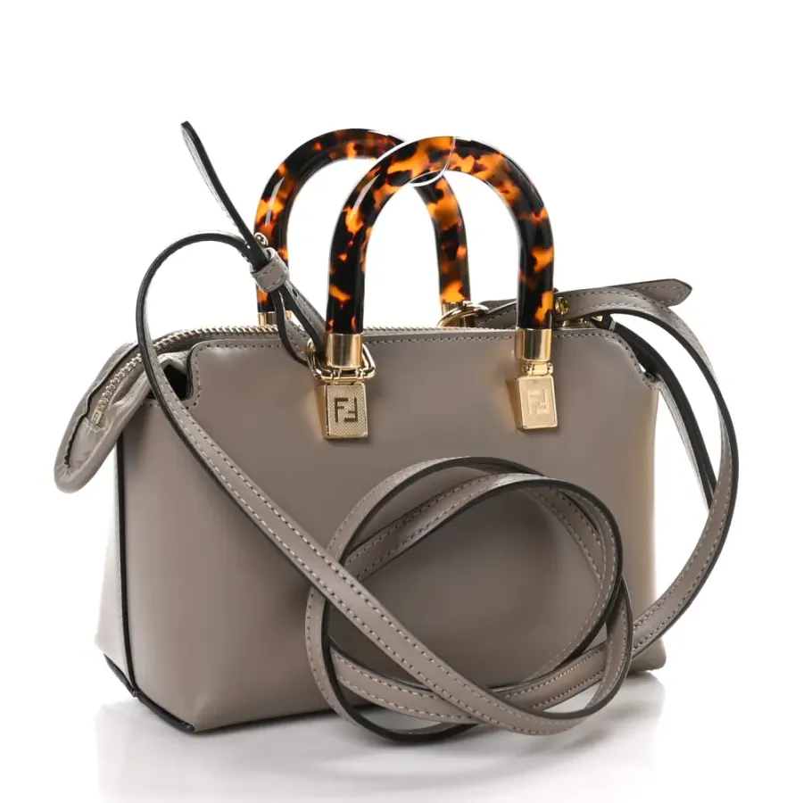 Fendi Mini Logo Embossed By The Way Top Handle Boston Bag Dark Grey King Vitello Leather & Plexiglass Gold Hardware