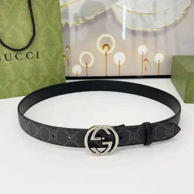 Gucci Women's Round GG Buckle Marmont Reversible Belt In Black/Brown Calfskin And Beige/Black Monogram Cavans With Gold/Silver Hardware 30mm