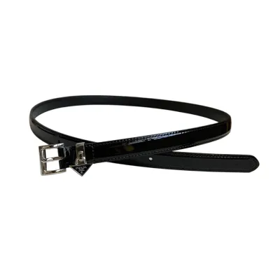 Prada Women' s Square Buckle Thin Belt In Black/Brown/White Calfskin With Gold/Silver Hardware 15mm