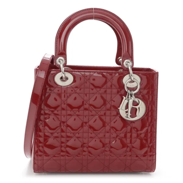 Dior Medium Lady Dior Dark Red Patent Cannage Calfskin Leather Silver Hardware