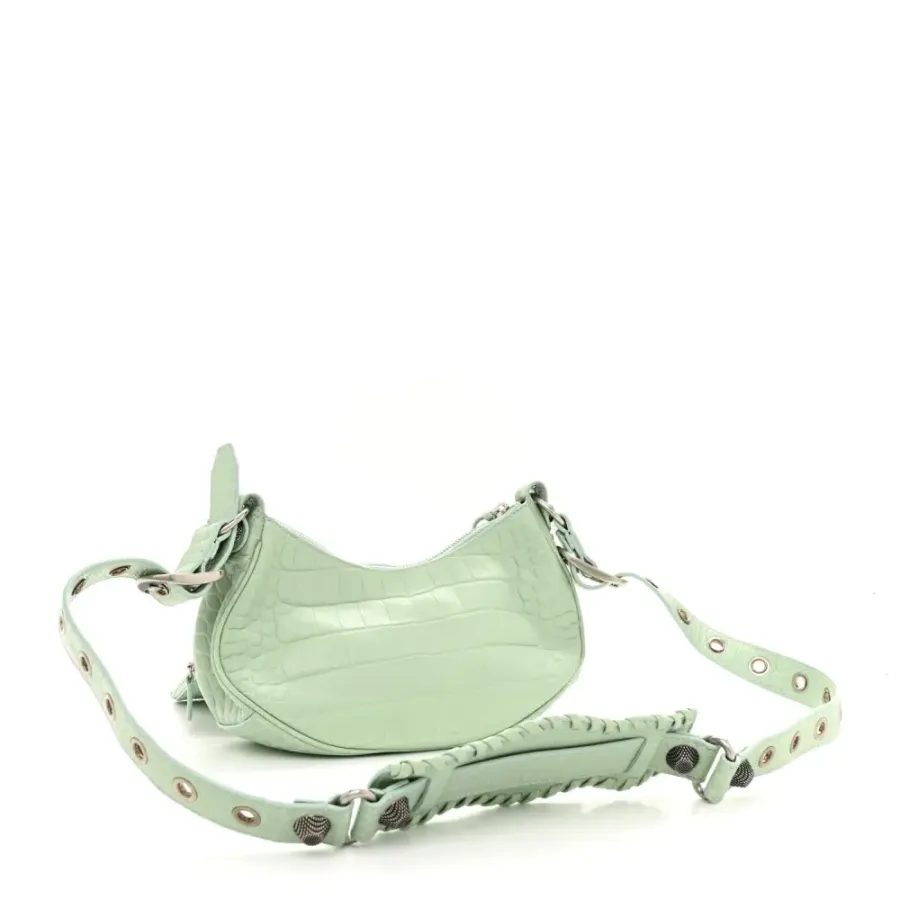 Balenciaga XS Le Cagole Shoulder Bag Light Green Crocodile Embossed Extra Supple Calfskin Leather Black Hardware