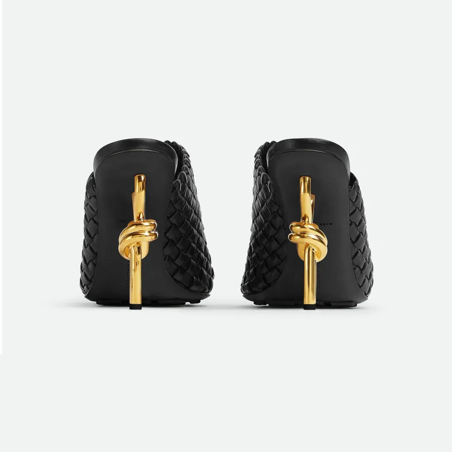 Bottega Veneta Knot Mule In Black Intrecciato Leather Mule With Gold Finished Metal Knot Heel (Heel Height 9cm)