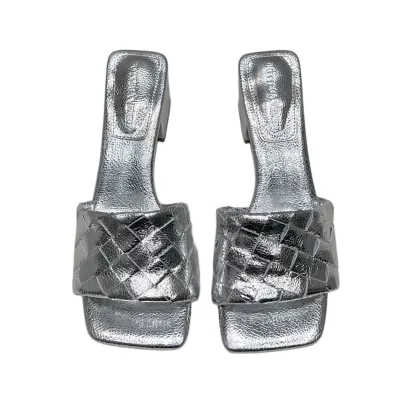 Bottega Veneta Parco Mule In Silver Intrecciato Leather Kitten-Heel Mule Sandal (Heel Height 4.5cm)