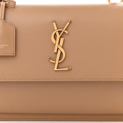 Saint Laurent Medium Sunset Satchel Natural Tan Smooth Monogram Calfskin Leather Gold Hardware