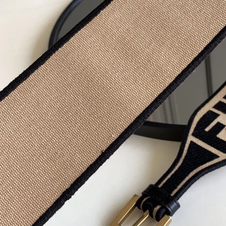Fendi Women's Belt In Green/Black/Beige/Yellow FF Logo Embroidery Canvas With Gold Hardware 60mm