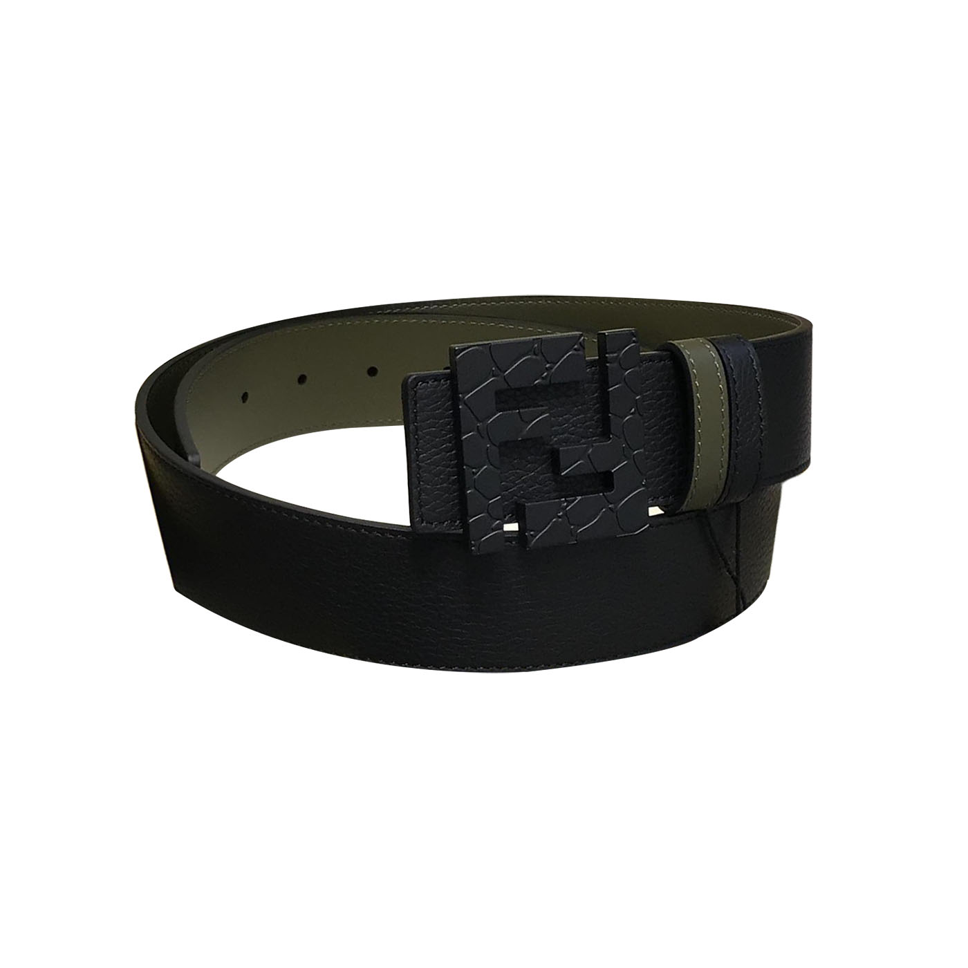 Cinto Fendi Masculino com Fivela Quadrada em Couro Bezerro Grão Litchi Preto/Azeitona com Acabamento em Prata 38mm