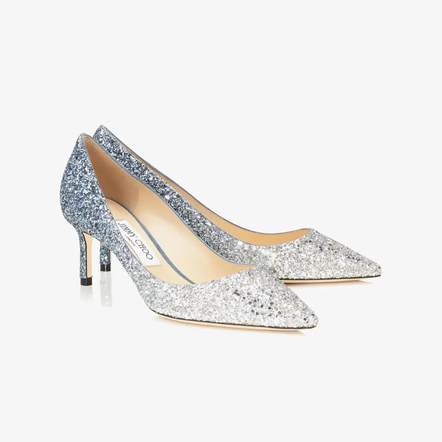 JIMMY CHOO Silver dark blue flame flash powder gradient fabric pointy heels