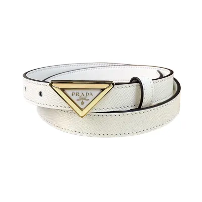 Prada Women' s Triangled Buckle Belt In Brown/Pink/White Calfskin With Gold/Silver Hardware 20mm