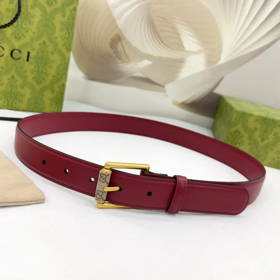 Gucci Women's Emblem Belt With Monogram Buckle In Brown/White/Black Smooth Calfskin With Gold Hardware 30mm