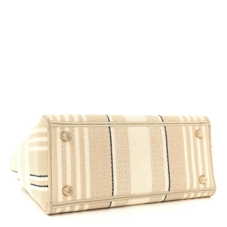 Dior Medium Stripes Lady D-Lite Beige Embroidered Canvas Gold Hardware