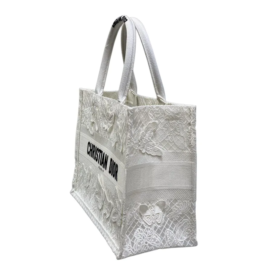 Dior Medium Dior Book Tote White D-Lace Butterfly Embroidery with Macramé