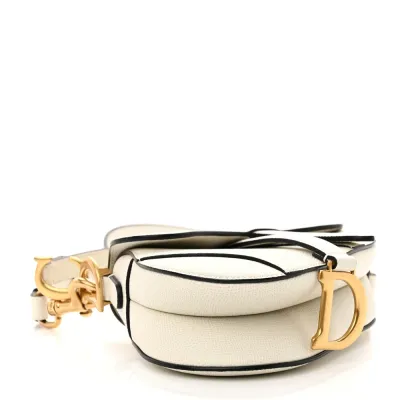 Dior Mini Saddle Bag With Strap White Grained Calfskin Leather Brass Hardware