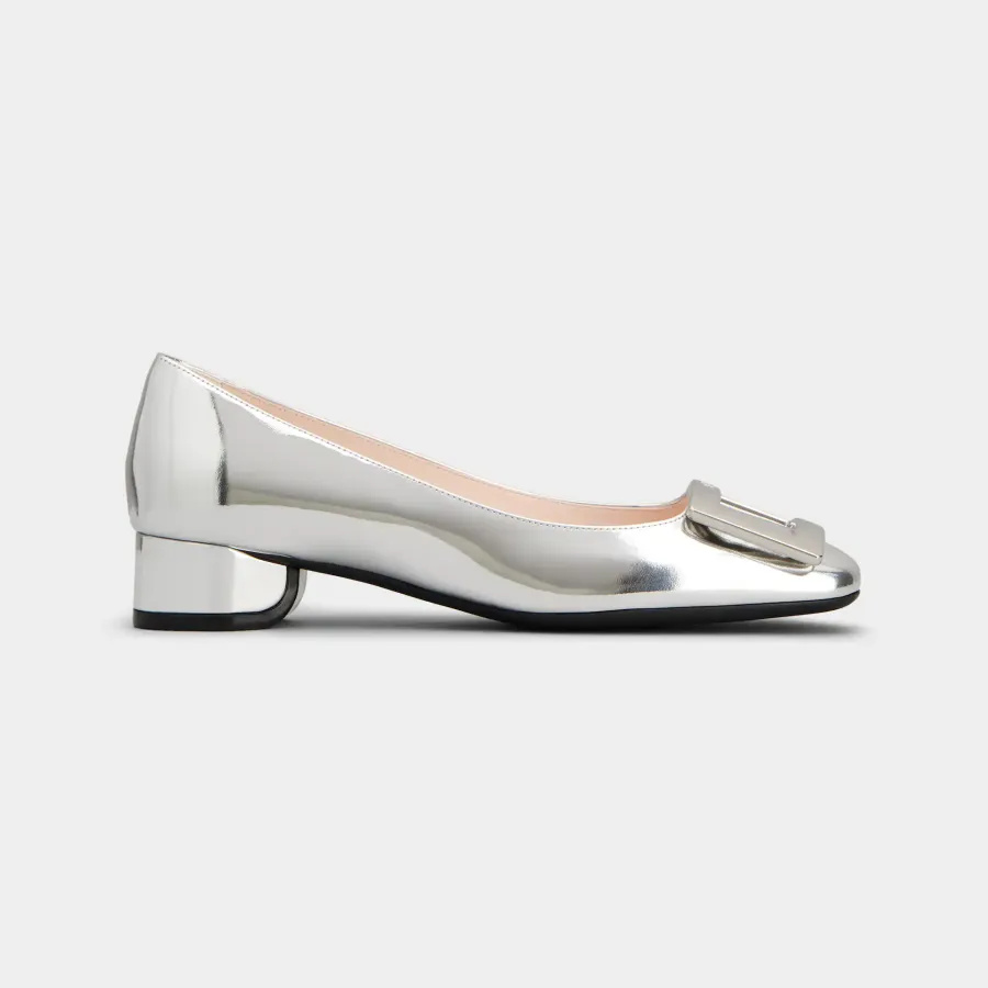 Roger Vivier U Look Ballerinas In Silver Calfskin Leather With Lacquered Buckle (Heel Height 2.5cm)