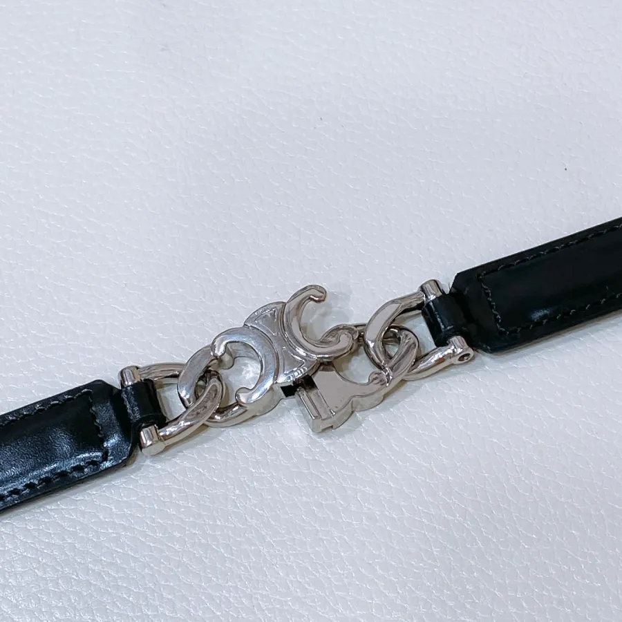 Celine Triomphe Gourmette Adjustable Belt In Black/Brown/White Taurillon Leather With Gold/Silver Hardware