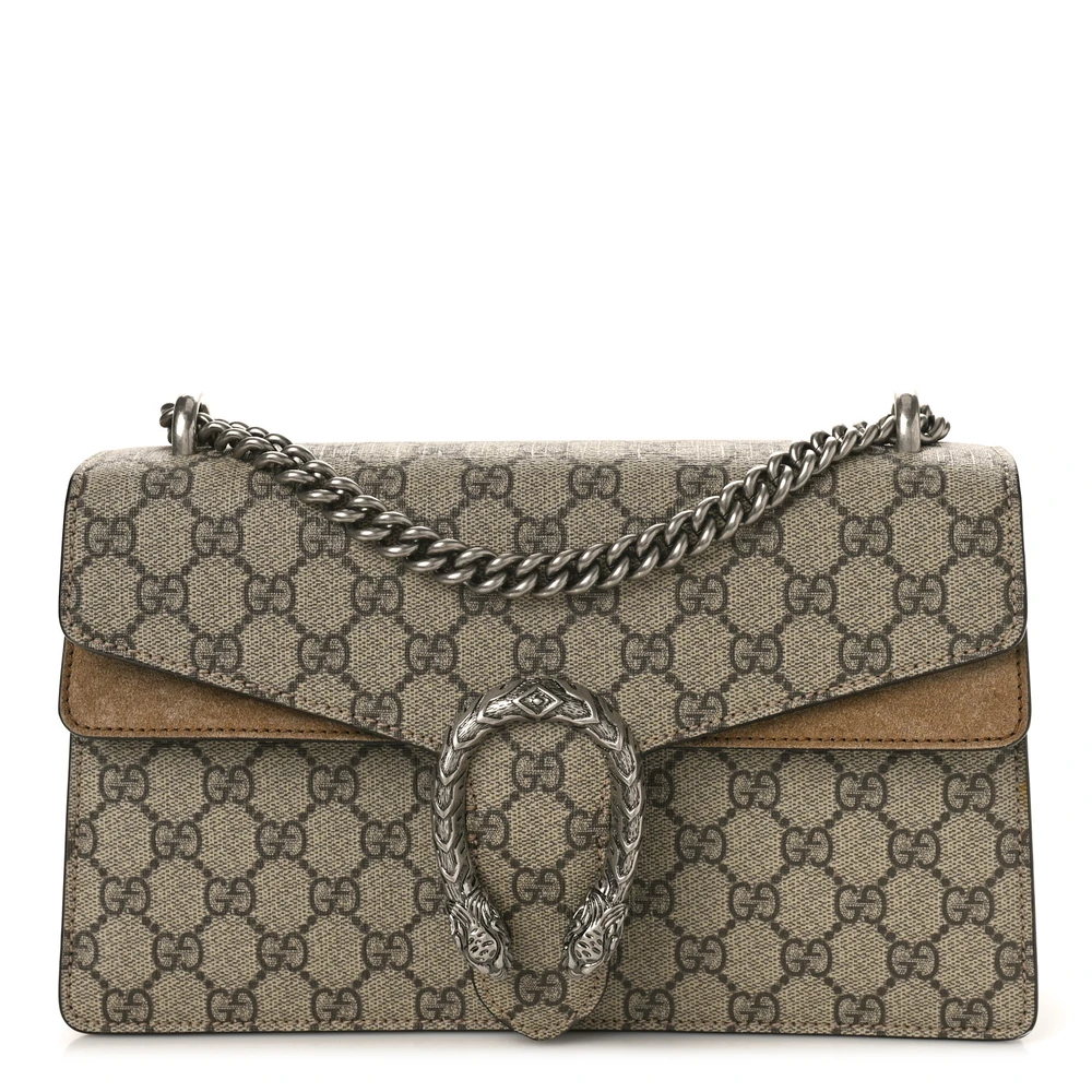 Gucci Bolsa de Ombro Pequena Dionysus Taupe GG Supreme Monogram Canvas Ferragem Prata Envelhecida