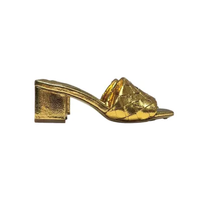 Bottega Veneta Parco Mule In Gold Intrecciato Leather Kitten-Heel Mule Sandal (Heel Height 4.5cm)