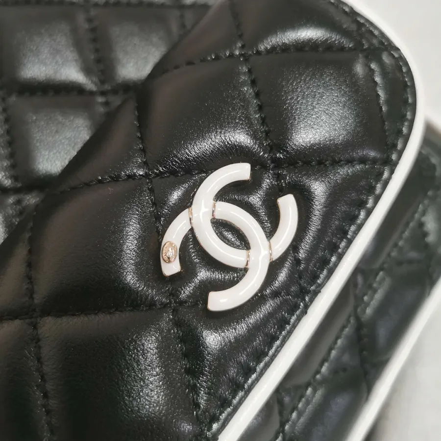 Chanel Black / White Quilted  Lambskin Leather