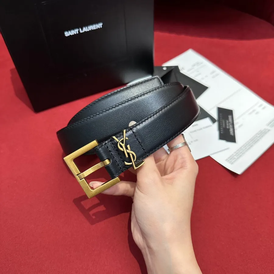 Saint Laurent Cassandre Belt In Black/White/Beige/Pink/Brown Smooth Calfskin With Gold Hardware 30mm