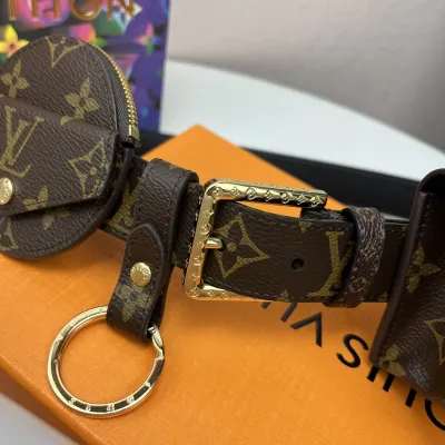 Louis Vuitton Women's Daily Mult Pocket Belt In Black Calfskin And Monogram Canvas With Gold Hardware 30mm