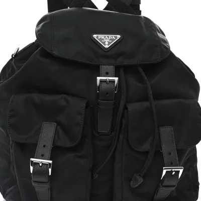 Prada Medium Backpack Black Re-Nylon & Saffiano Leather Silver Hardware