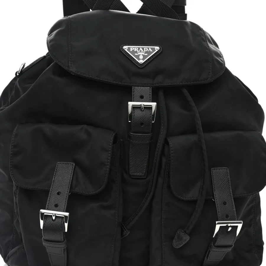 Prada Medium Backpack Black Re-Nylon & Saffiano Leather Silver Hardware