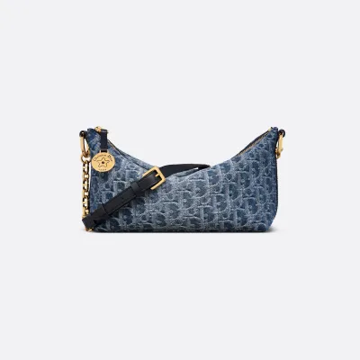 Dior Diorstar Hobo With Chain Denim Blue And White Oblique Canvas Gold Hardware