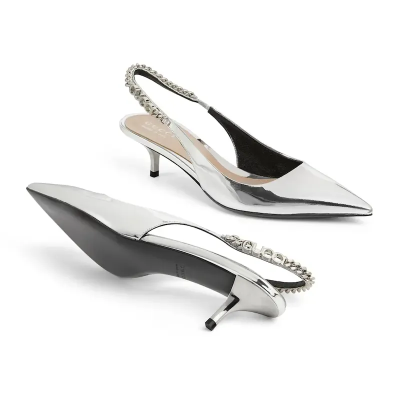 Gucci silvery patent leather pointed heels high heels shoes Rear lace up high heels