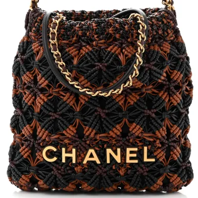 Chanel Mini Black / Light Brown / Burgundy Chanel 22 Calfskin Leather Macrame Aged Gold Hardware