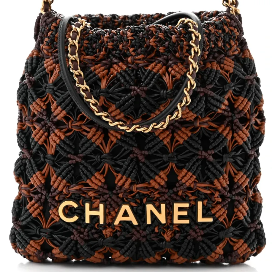 Chanel Mini Black / Light Brown / Burgundy Chanel 22 Calfskin Leather Macrame Aged Gold Hardware