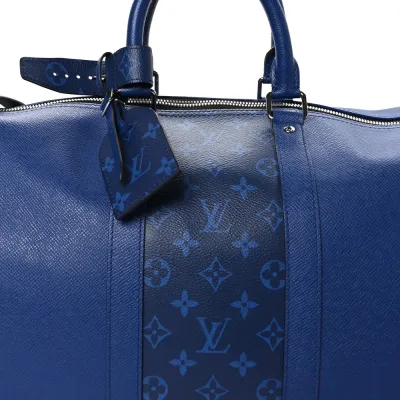 Louis Vuitton Keepall Bandouliere 50 Pacific Blue Taiga Leather & Monogram Eclipse Canvas Silver Hardware