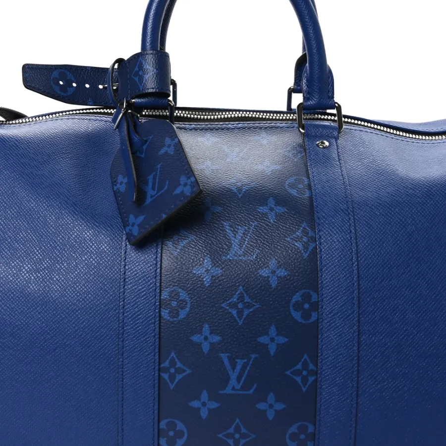 Louis Vuitton Keepall Bandouliere 50 Pacific Blue Taiga Leather & Monogram Eclipse Canvas Silver Hardware