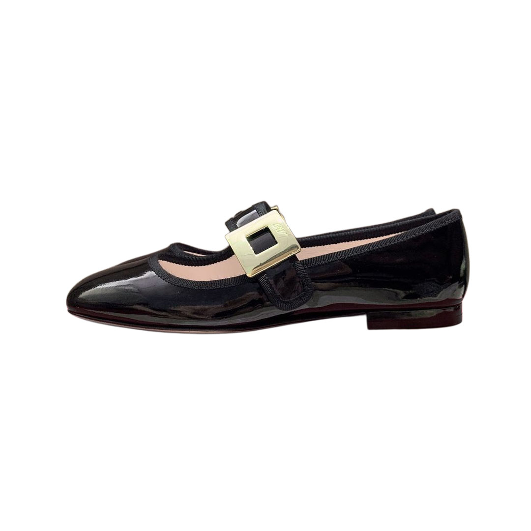 Roger Vivier Très Vivier Mary Janes Em Couro Verniz Branco/Preto Com Fivela Metálica (Altura do Salto 0,5cm)
