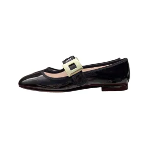 Roger Vivier Très Vivier Mary Janes In White/Black Patent Leather With Metal Buckle (Heel Height 0.5cm)
