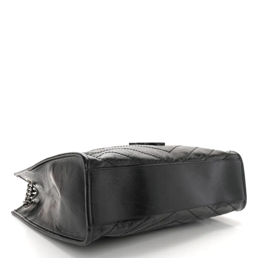 Saint Laurent Medium Niki Shopper Tote Black Crinkled Monogram Calfskin Matelasse Leather Silver Hardware