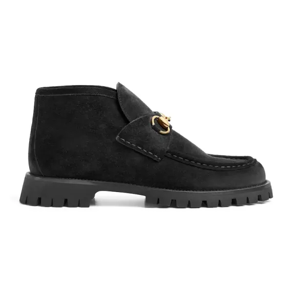 Gucci Round headed black suede horse collar buckle ankle boots
